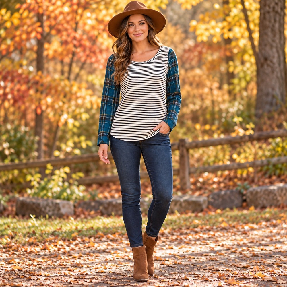 Promesa Mixed Print Striped Top Teal Plaid Long Sleeve Rustic Fall Made USA